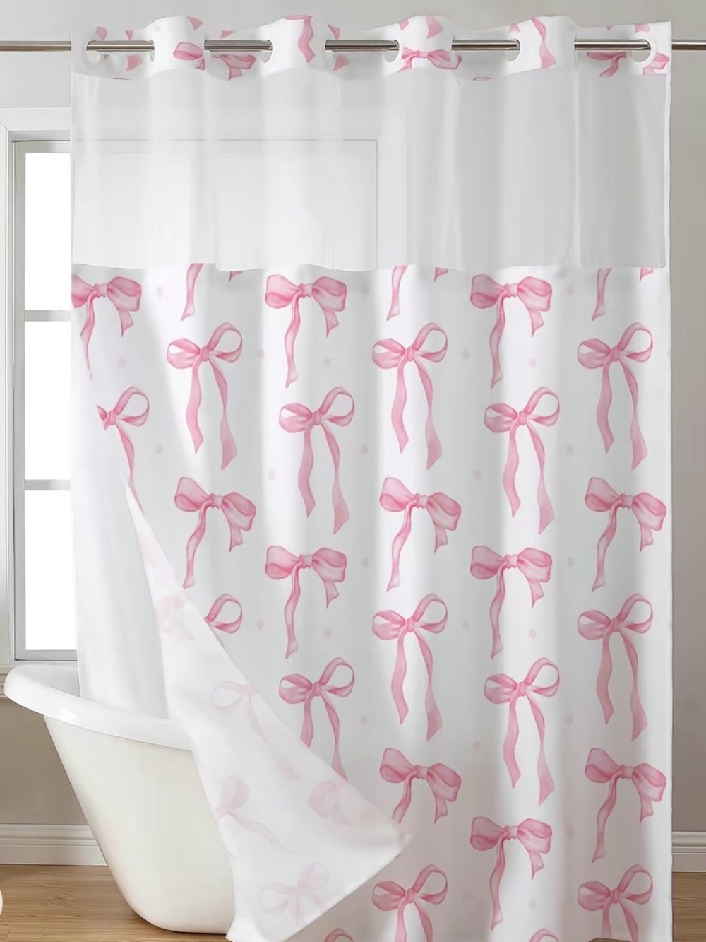 White Shower Curtain with Pink Ribbon Print